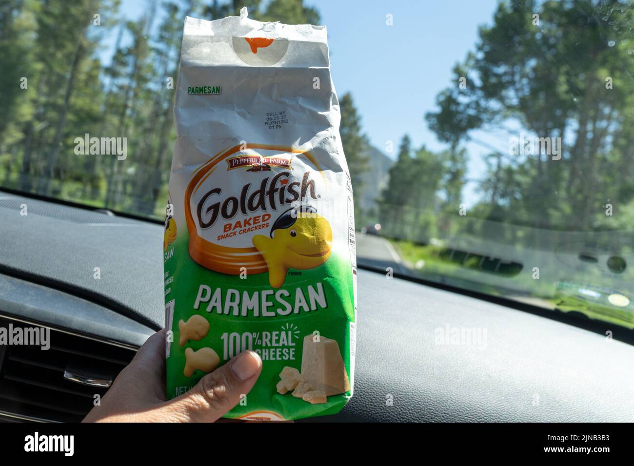 Wyoming, USA - 18 luglio 2022: La mano tiene in mano un pacchetto di cracker di snack al forno a base di parmigiano aromatizzato al pesce d'oro mentre si viaggia in auto Foto Stock