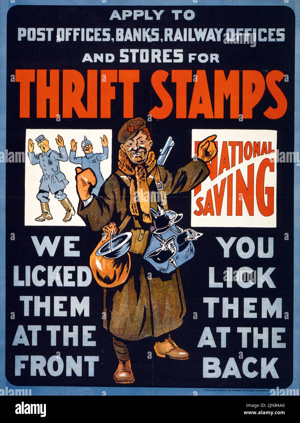 Francobolli Thrift, National Saving, li abbiamo leccati nella parte anteriore, li leccati nella parte posteriore (1915) poster canadese dell'era della prima guerra mondiale Foto Stock