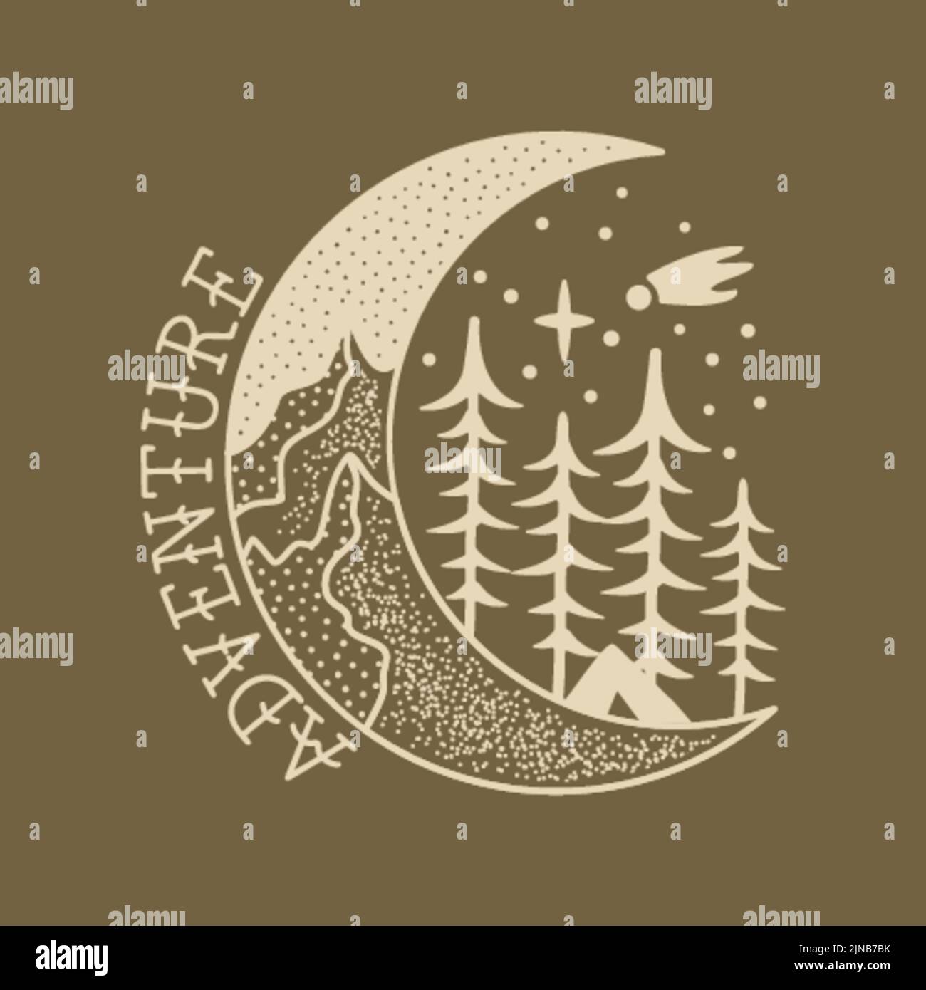 Design del badge Camping Adventure. Logo di cresta all'aperto con montagne all'interno della luna. Etichetta di silhouette da viaggio isolata al buio. Tatuaggio vettore stock Illustrazione Vettoriale