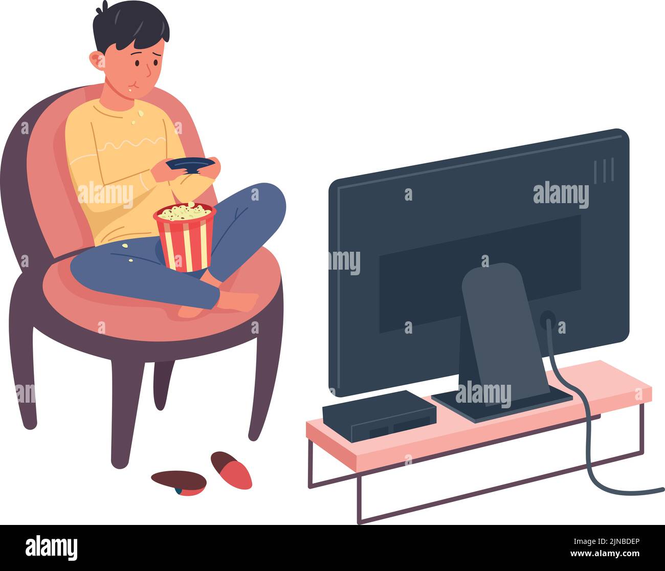 I bambini guardano la tv a casa con la benna popcorn. Notte di film isolato su sfondo bianco Illustrazione Vettoriale
