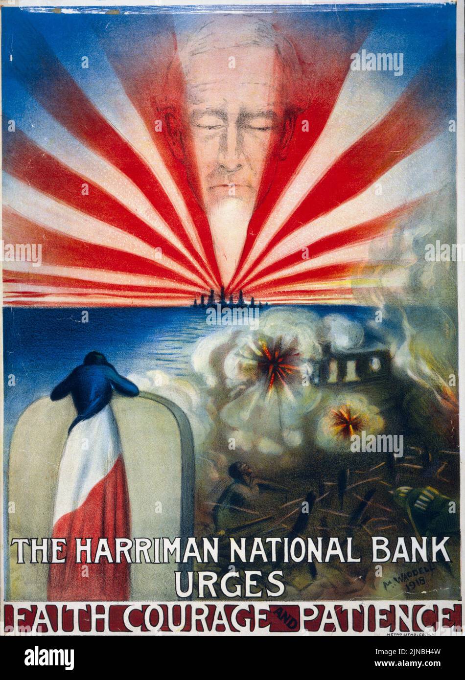 La Harriman National Bank esorta fede, coraggio e pazienza (1918) il manifesto americano dell'era della prima Guerra Mondiale di M. Wardell Foto Stock