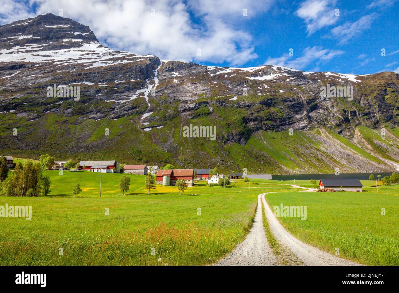 Norvegia Campagna e fattoria a Aurlandsfjord ramo di Sognefjord Foto Stock