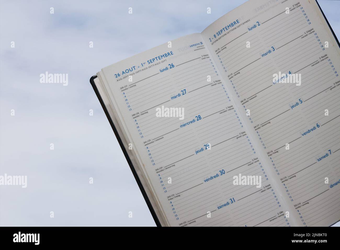 Primo piano delle pagine bianche di un pianificatore che viene stampato in francese, inglese, spagnolo, italiano e tedesco con il cielo nuvoloso sullo sfondo Foto Stock