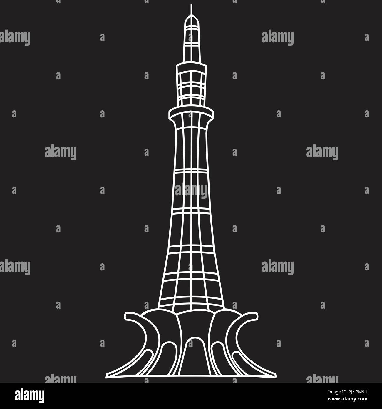 Disegno vettoriale della torre minar e Pakistan situata a Lahore, Pakistan isolato su uno sfondo quadrato nero Illustrazione Vettoriale