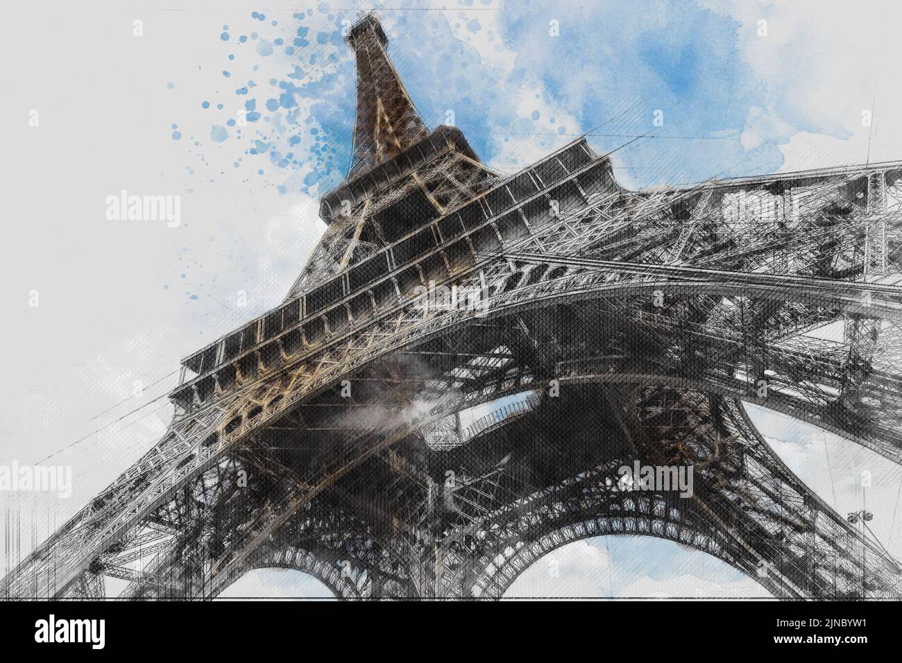 Acquerello Torre Eiffel. Parigi, Francia Foto Stock