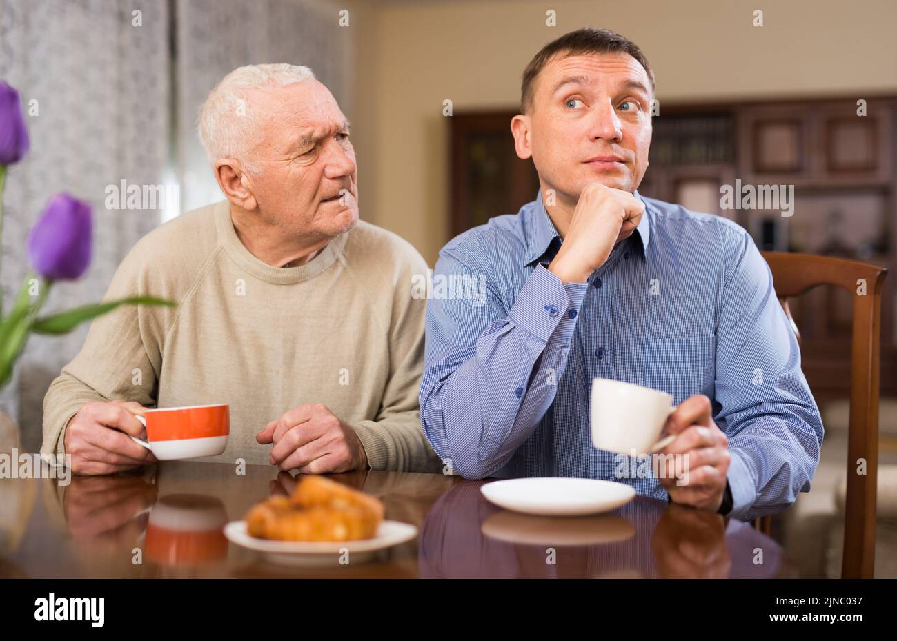 Il padre anziano è insoddisfatto del figlio adulto Foto Stock