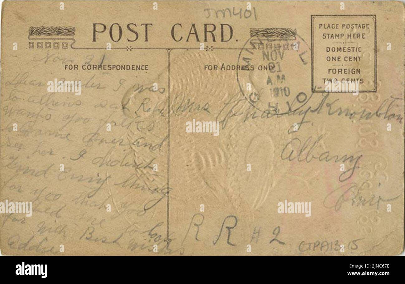 Grazie auguri, due tacchini e un segno proclamazione della Turchia Foto Stock