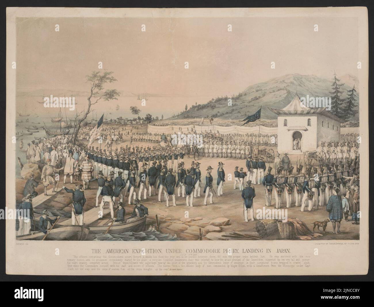 La spedizione americana, sotto Commodore Perry, atterrando in Giappone, 14 luglio 1853 - Lith. E stampa di Hatch & Severyn, 140 Fulton St. N.Y. ; Severyn del. Foto Stock