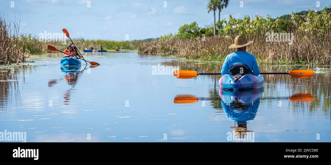 I kayak si godono una bella giornata estiva sul fiume Guana a Ponte Vedra Beach, Florida. (USA) Foto Stock