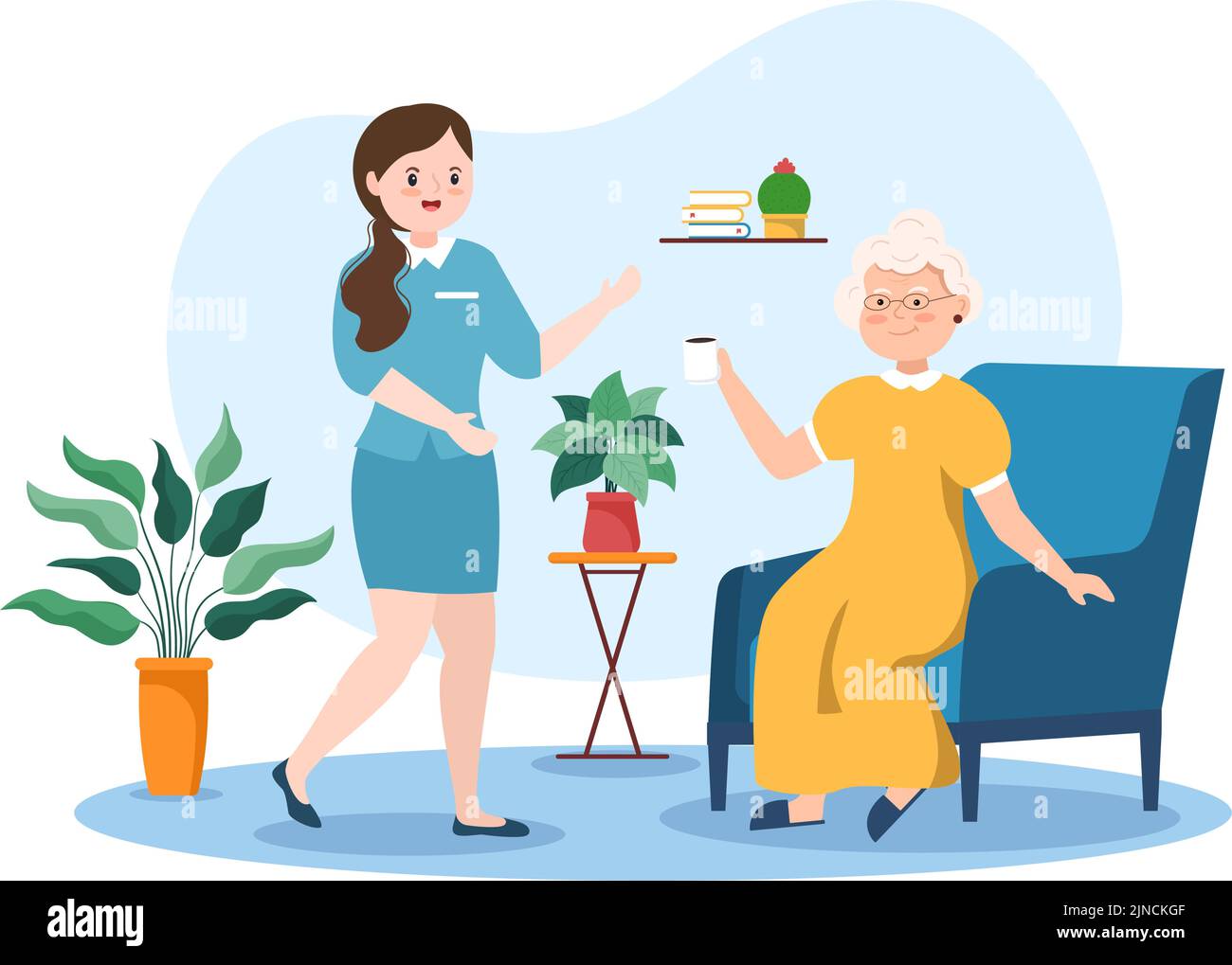 Servizi di cura dell'anziano Illustrazione piatta del cartoon disegnata a mano con l'assistente, la casa di infermiera, la vita assistita e la progettazione di supporto Illustrazione Vettoriale