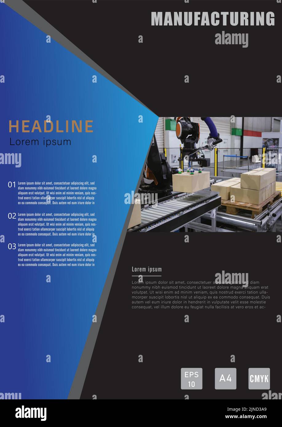 Modello di produzione industriale in formato A4. Moderna logistica del magazzino documento rapporto volantino copertina e brochure. Vettore e illustrati Illustrazione Vettoriale