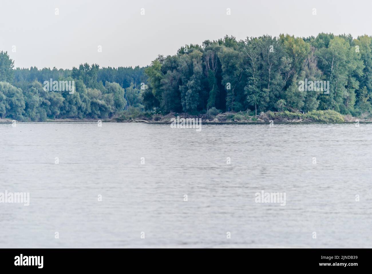 Una vista panoramica sulla riva del Danubio. Una vista panoramica sulla riva del Danubio in bel tempo soleggiato. Foto Stock