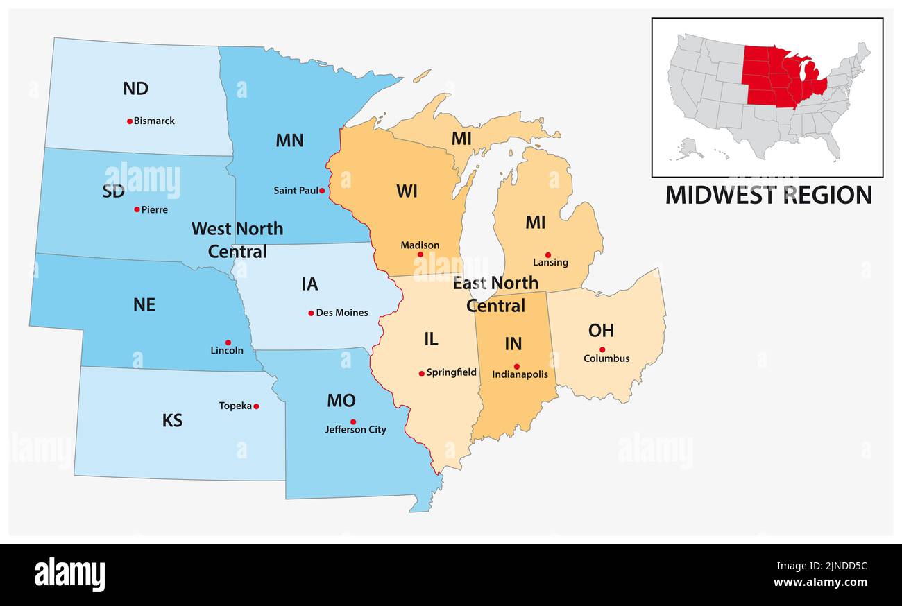 Mappa vettoriale amministrativa della regione del censimento degli Stati Uniti Midwest Foto Stock