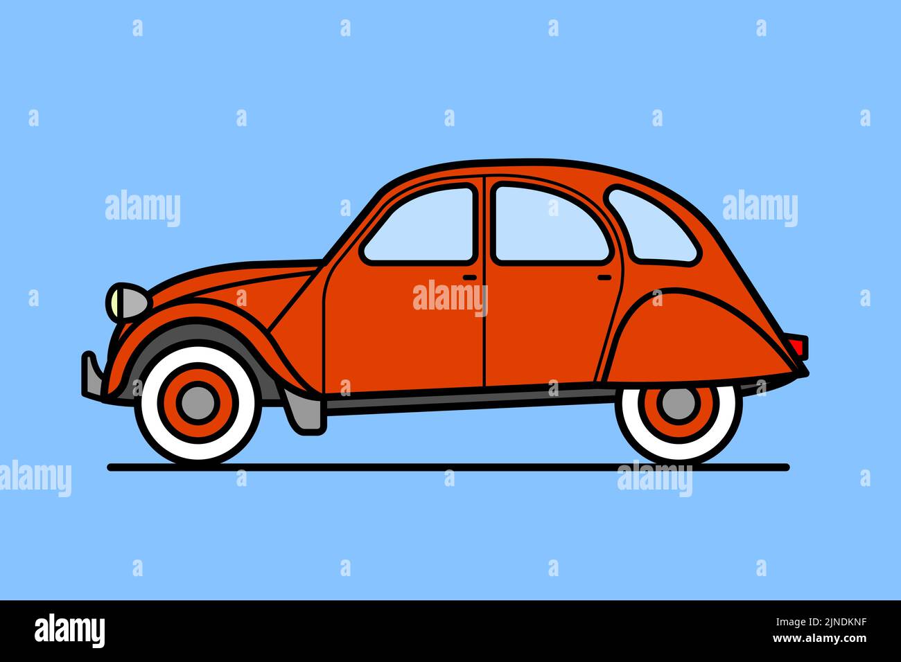 Auto d'epoca classica 2CV in rosso isolato su sfondo blu - illustrazione vettoriale Illustrazione Vettoriale