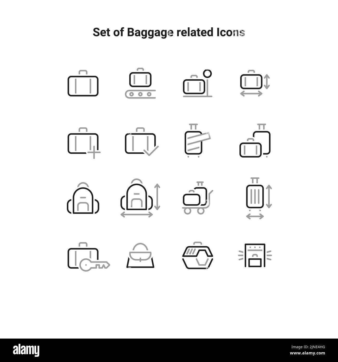 Semplice set di icone vettoriali relative a borse, valigie, zaini. Collezione di icone relative ai bagagli. Illustrazione Vettoriale