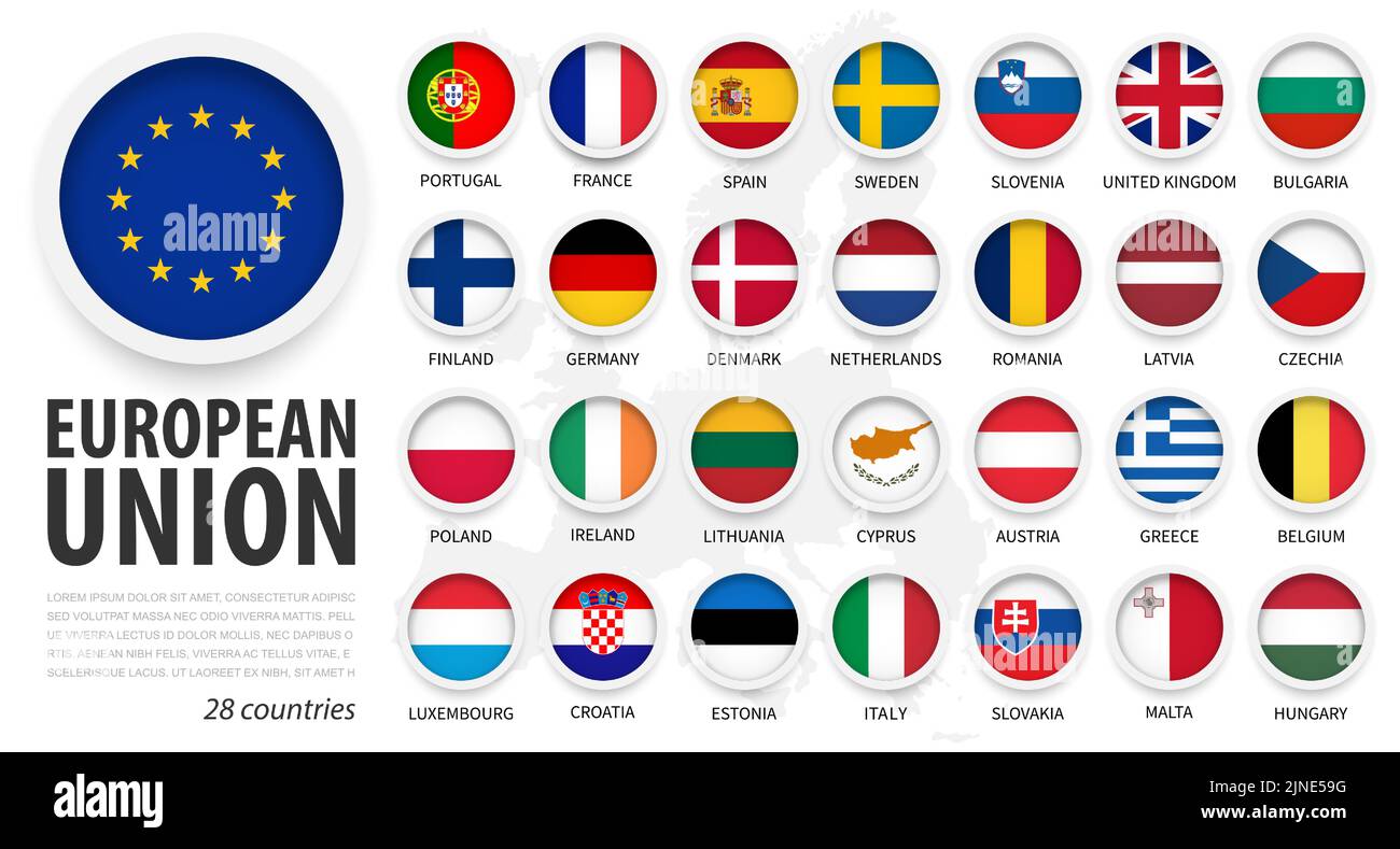 Unione europea . Bandiere dell'UE e dell'adesione . Design semplice piatto a cerchio con cornice bianca . Sfondo isolato e mappa dell'europa . Vettore . Illustrazione Vettoriale