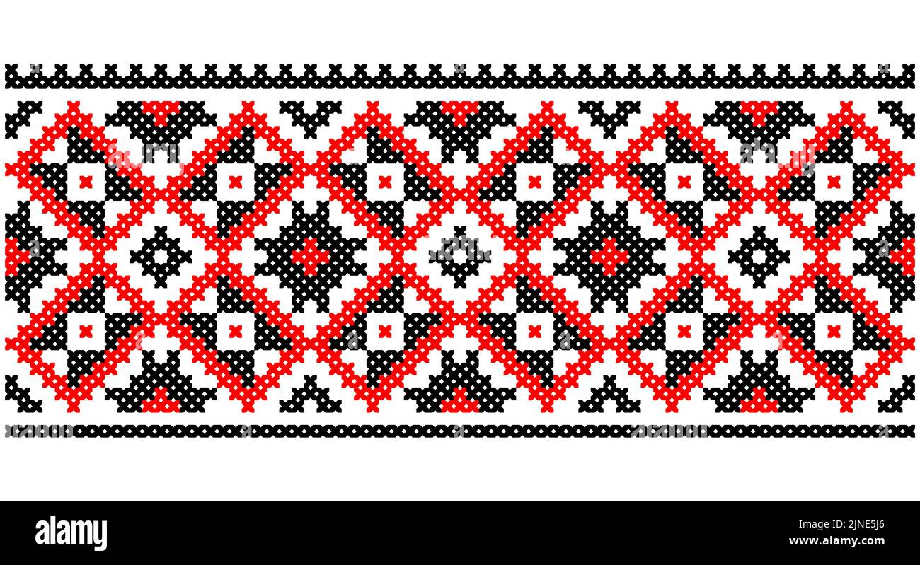 Senza cuciture tradizionale Ucraina motivo ornamento slavo ricamato a croce. Rosso nero e bianco. Illustrazione Vettoriale
