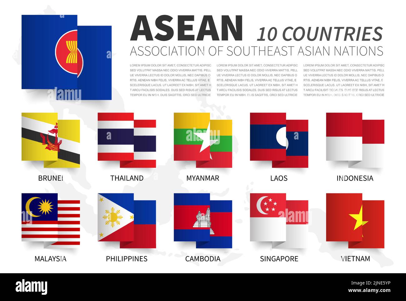 ASEAN . Associazione delle nazioni del sud-est asiatico e dei membri . Disegno della bandiera a nastro a zig-zag ondulata . Mappa dell'asia sudorientale sullo sfondo . Vettore elemento Illustrazione Vettoriale