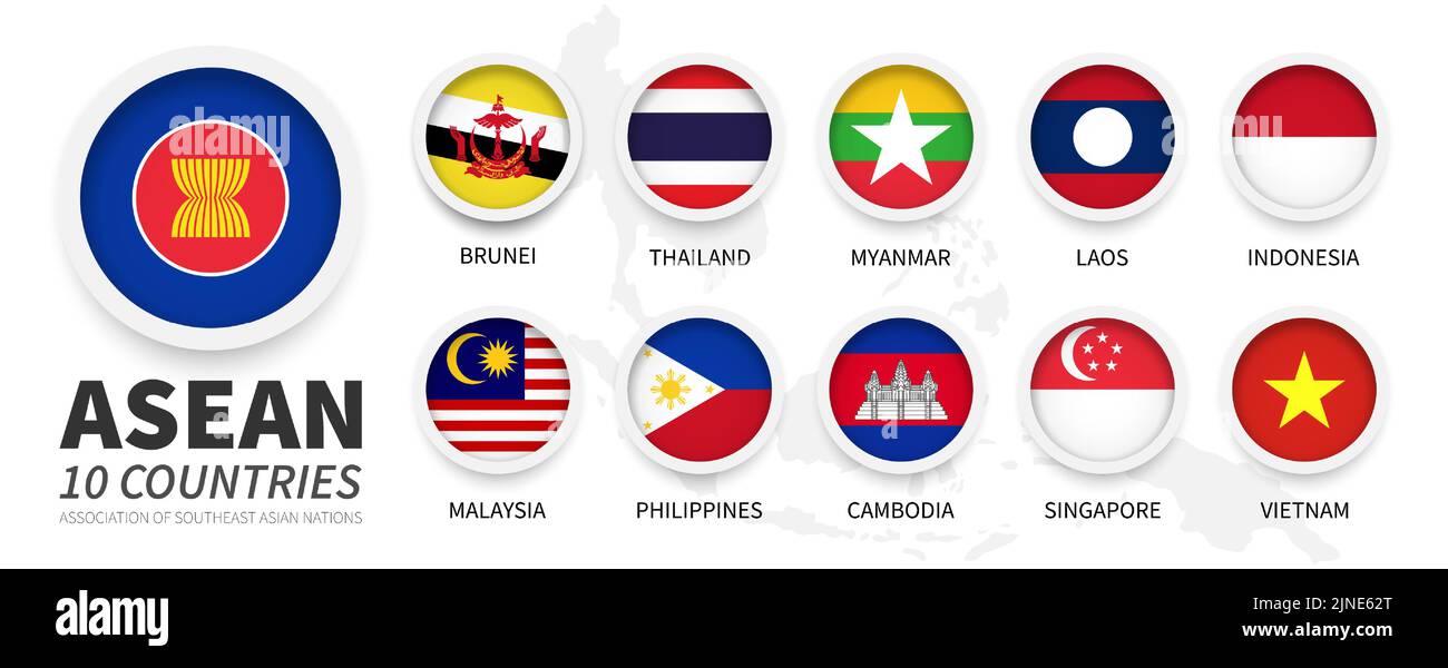ASEAN . Associazione delle Nazioni del Sud-Est Asiatico e bandiere di appartenenza . Semplice design circolare piatto con cornice bianca . Mappa dell'asia sudorientale sullo sfondo . Illustrazione Vettoriale