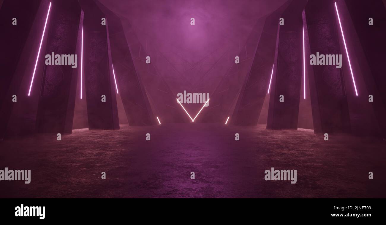 Cemento mozzafiato Sci Fi futuristico Cyber Neon Electric laser Lights Tunnel Corridoio corridoio Spaceship oscuro sotterraneo vuoto Vol Cinematic Foto Stock