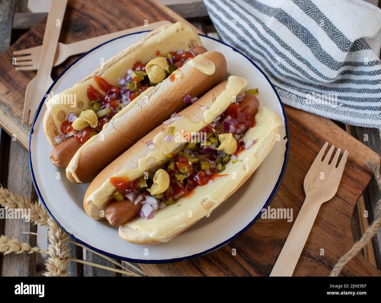 Hot dog con sottaceti, cipolle rosse, formaggio, senape e ketchup Foto Stock