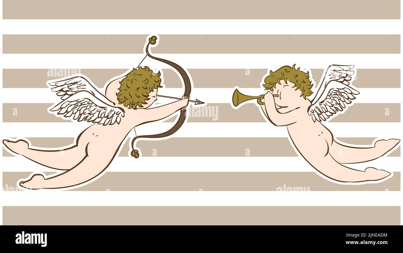 Cupido con arco e freccia d'amore e cupido tromba soffiante Illustrazione Vettoriale