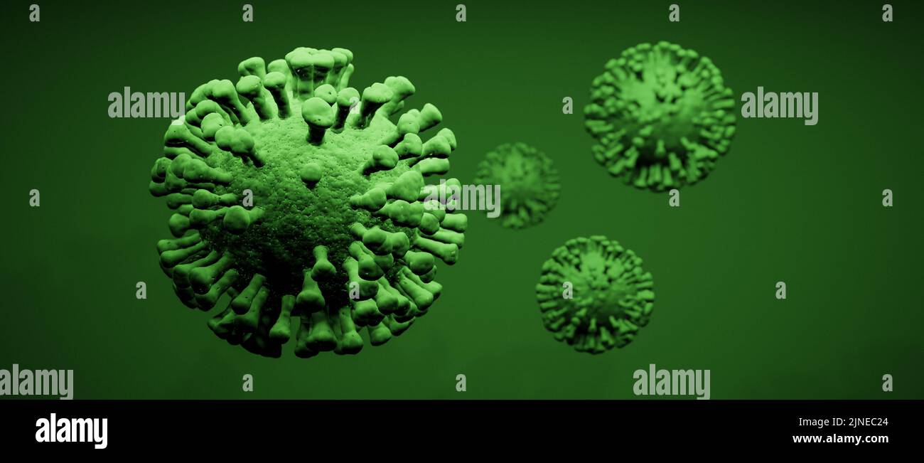 Illustrazione di un gruppo di cellule virali su sfondo verde Foto Stock