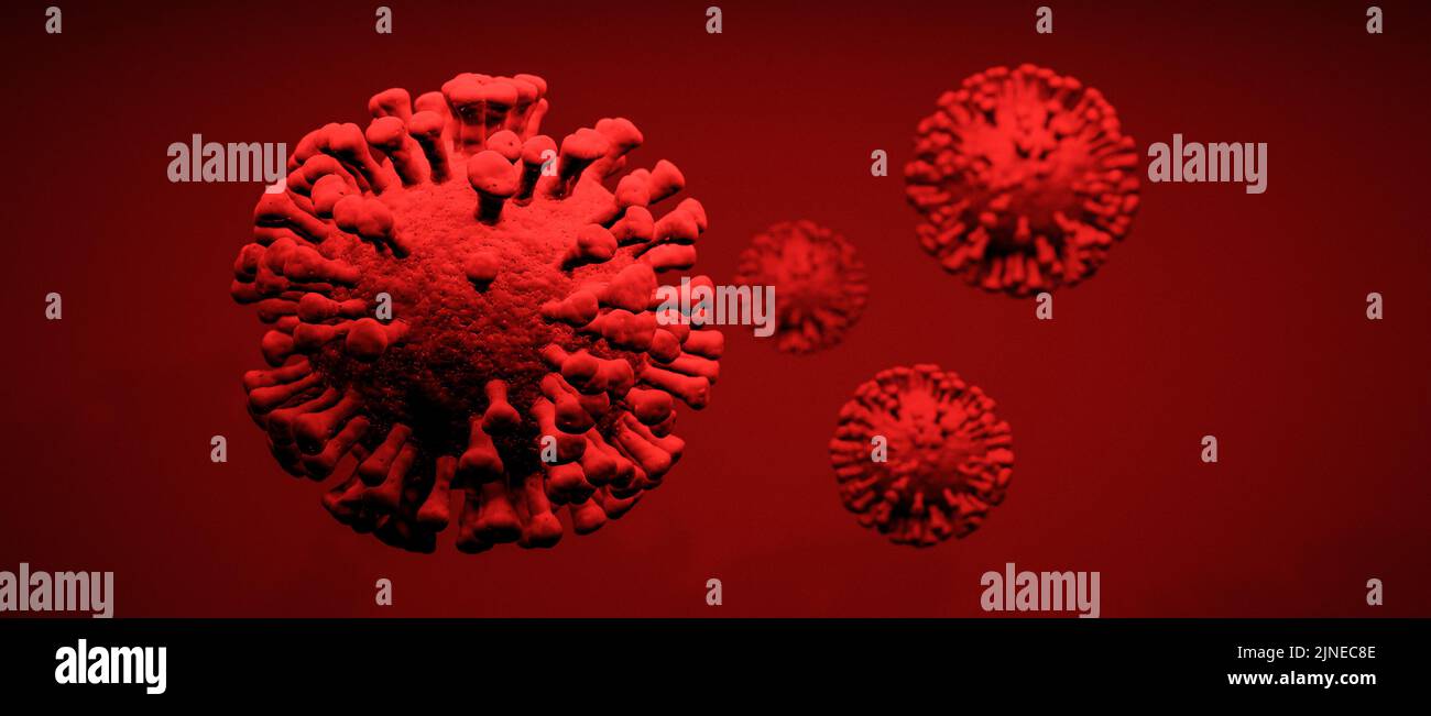 Illustrazione di un gruppo di cellule virali su sfondo rosso Foto Stock