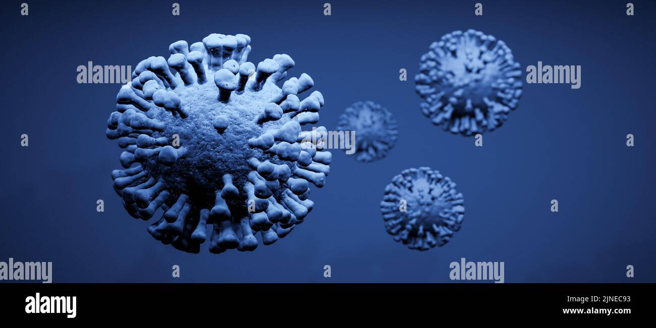 Illustrazione di un gruppo di cellule virali su sfondo blu Foto Stock