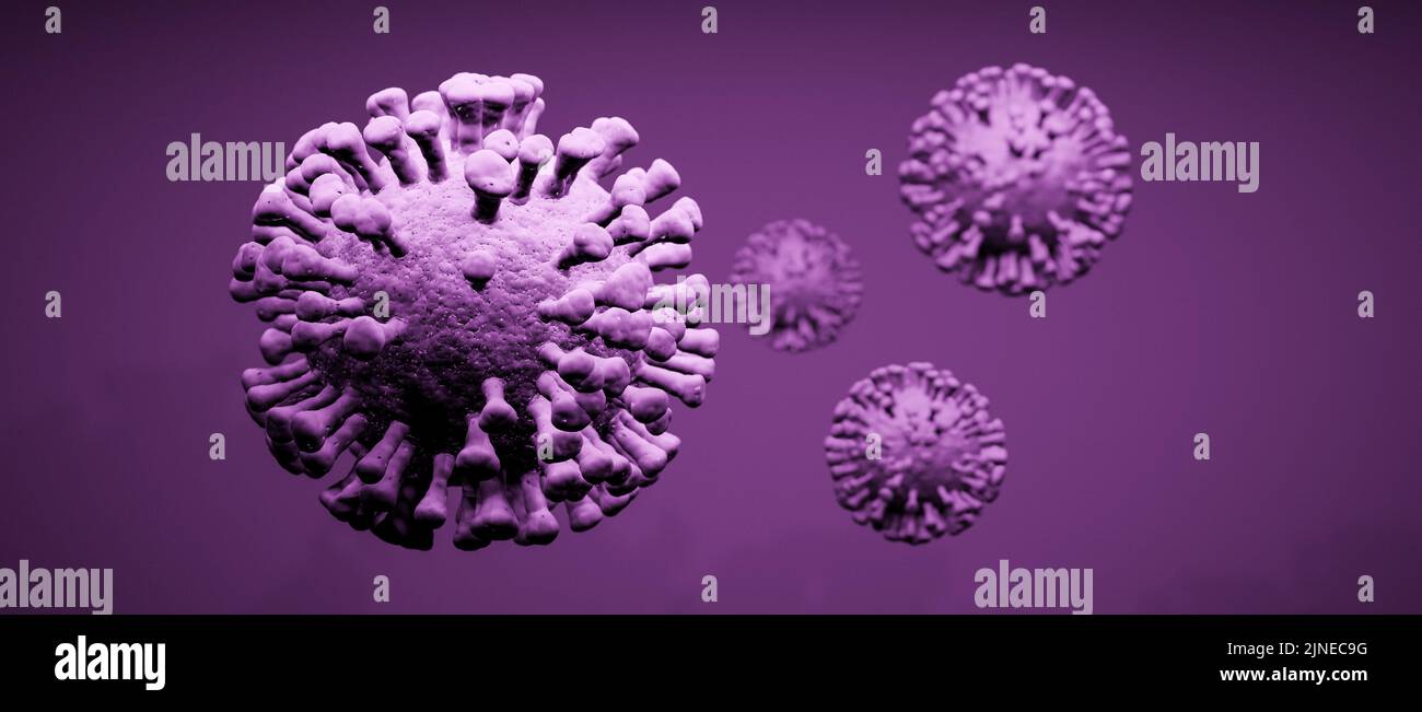 Illustrazione di un gruppo di cellule virali su sfondo viola Foto Stock