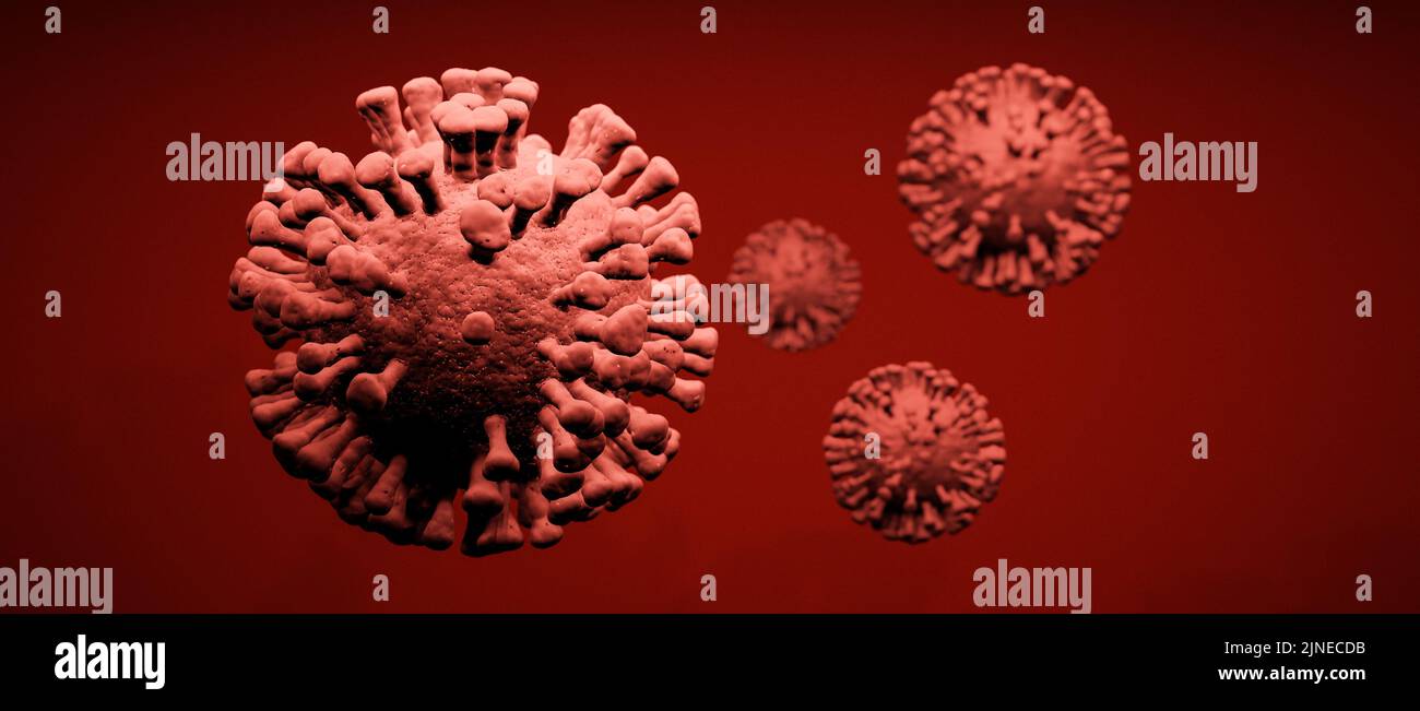 Illustrazione di un gruppo di cellule virali su sfondo rosso Foto Stock