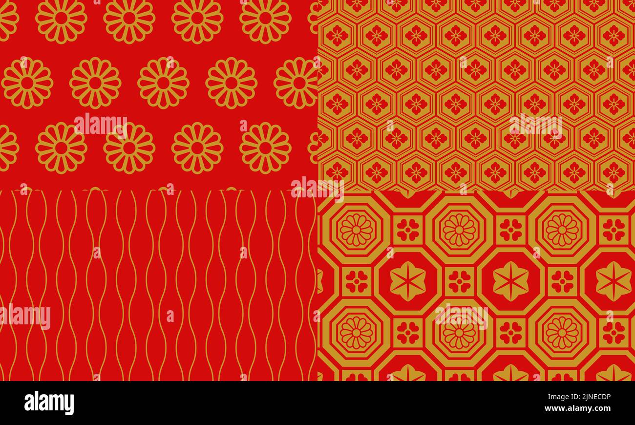 Crisantemo con motivo giapponese dorato e rosso, guscio di tartaruga in pietra floreale, Tachiwaku, Shu River Illustrazione Vettoriale