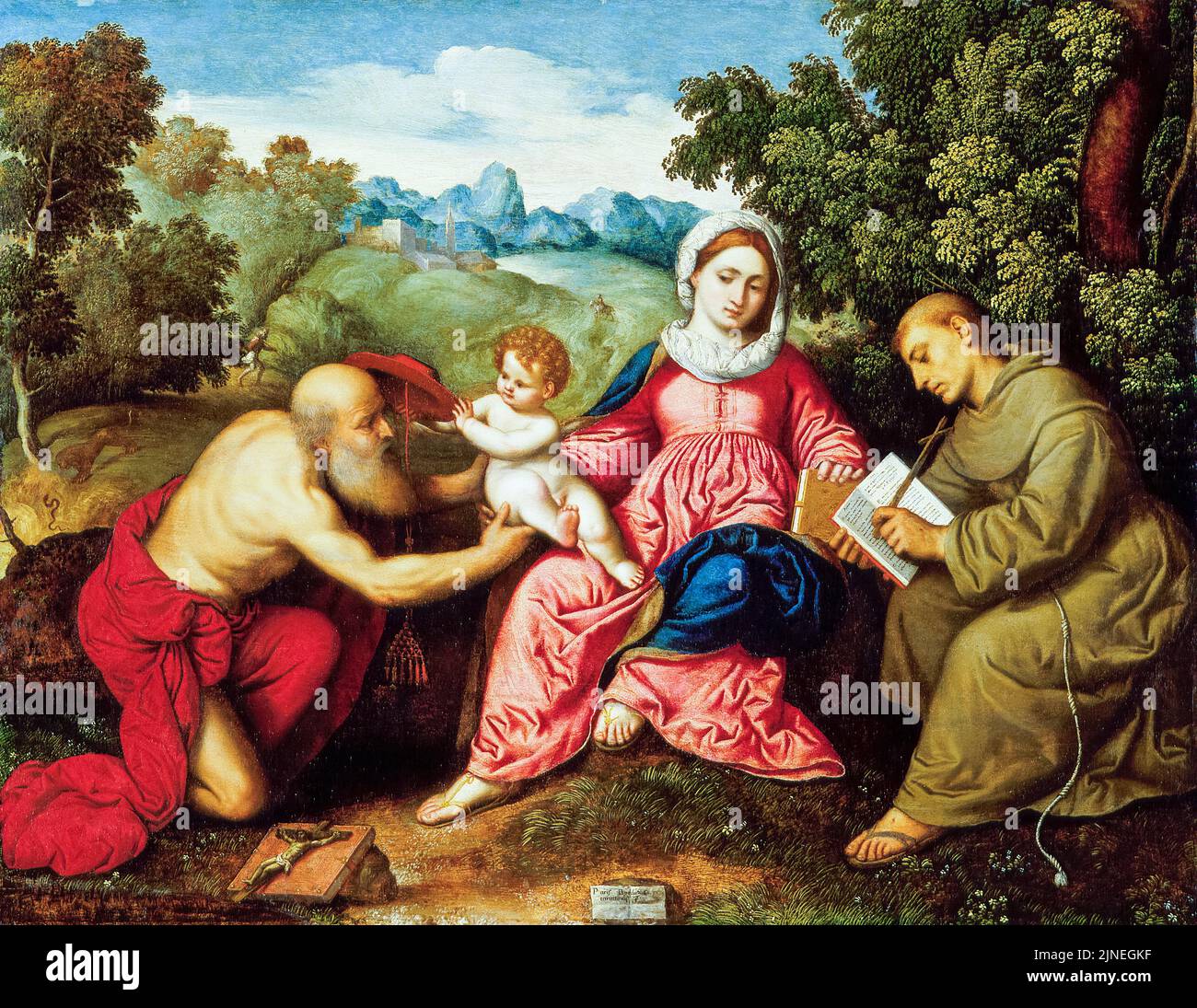 Parigi Bordone, Madonna col Bambino con i Santi Girolamo e Francesco, pittura ad olio su tavola, circa 1525 Foto Stock
