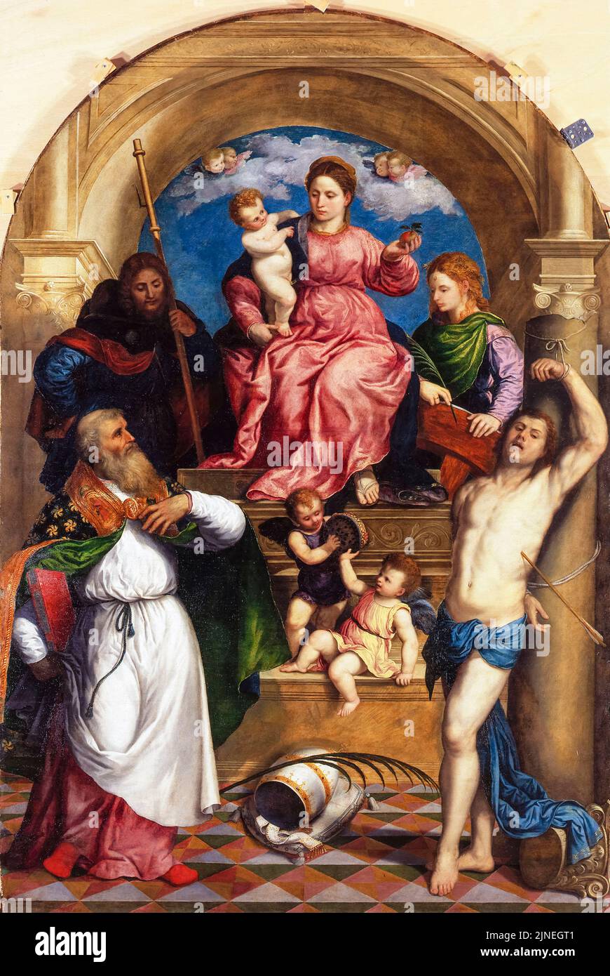 Parigi Bordone, Madonna col Bambino in trono e Santi, pittura in olio su legno di pioppo, circa 1530 Foto Stock