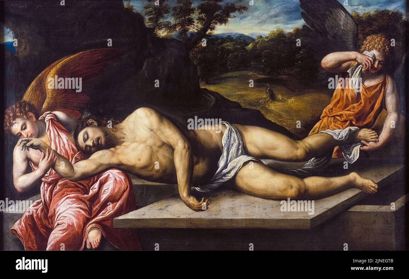 Parigi Bordone, Cristo morto lutto dagli Angeli, pittura in olio su tela, 1545-1555 Foto Stock