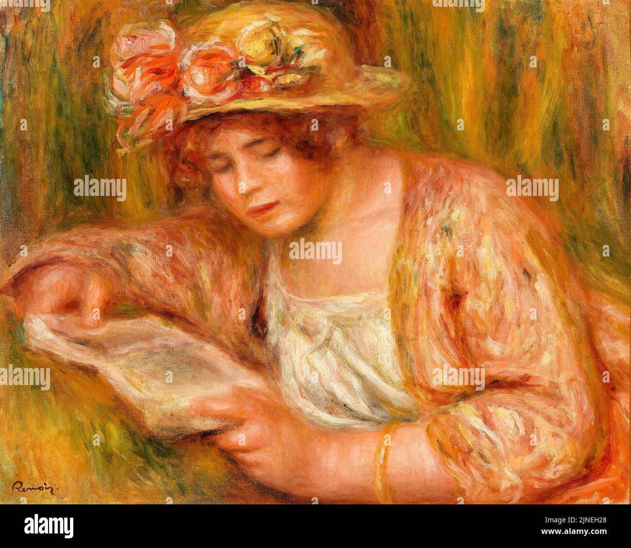 Andrée in a Hat, lettura, ritratto dipinto ad olio su tela di Pierre Auguste Renoir, circa 1918 Foto Stock