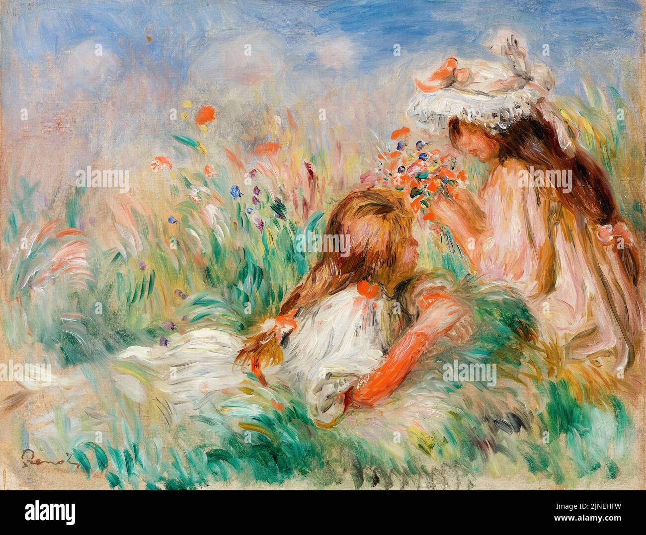 Pierre Auguste Renoir, Girls in the Grass arrangiando un Bouquet, pittura in olio su tela, circa 1890 Foto Stock