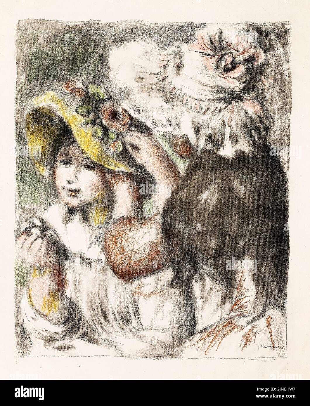 Pinning the Hat, stampa litografica in arte di Pierre Auguste Renoir, 1898 Foto Stock