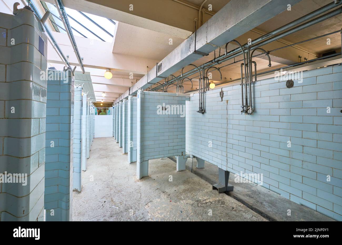 Il comune piastrellato blu, doccia semi-privata, bagno, area di lavaggio del armadietto, spogliatoio presso la miniera. Al Big Pit National Coal Museum di P. Foto Stock