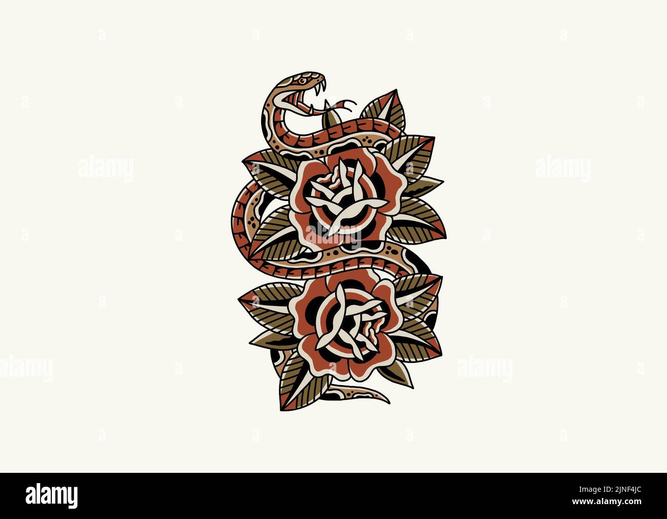 Vecchia scuola tatuaggio disegno grafico rose serpente Foto Stock