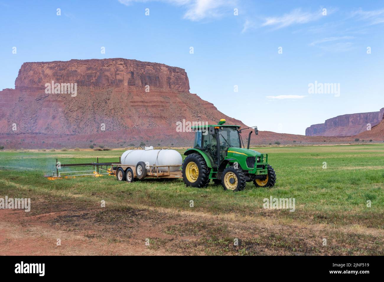 Un trattore che tira un bruciatore a propano brucia le erbacce in un hayfield dopo aver tagliato l'erba medica su un ranch nello Utah. Foto Stock