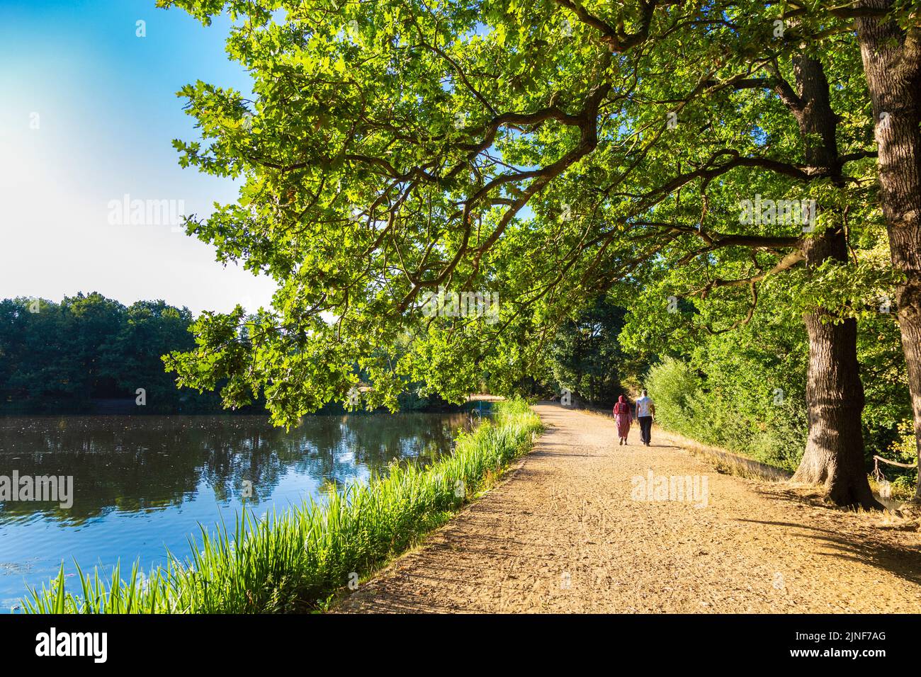 Persone che camminano lungo il Perch Pond a Wanstead Park, Redbridge, Londra, Regno Unito Foto Stock