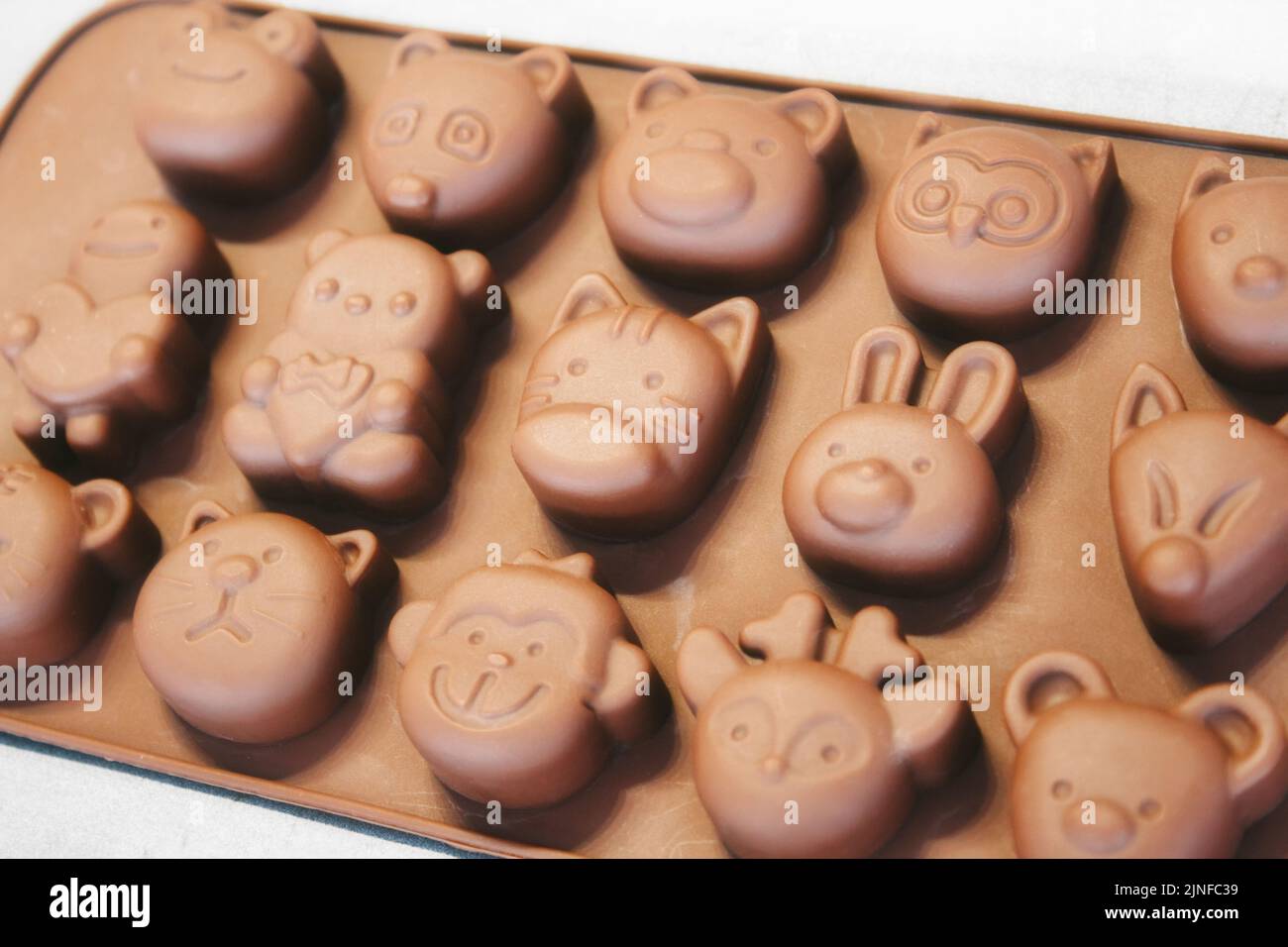 Uno stampo in silicone per realizzare forme di cioccolato con facce animali su sfondo bianco Foto Stock