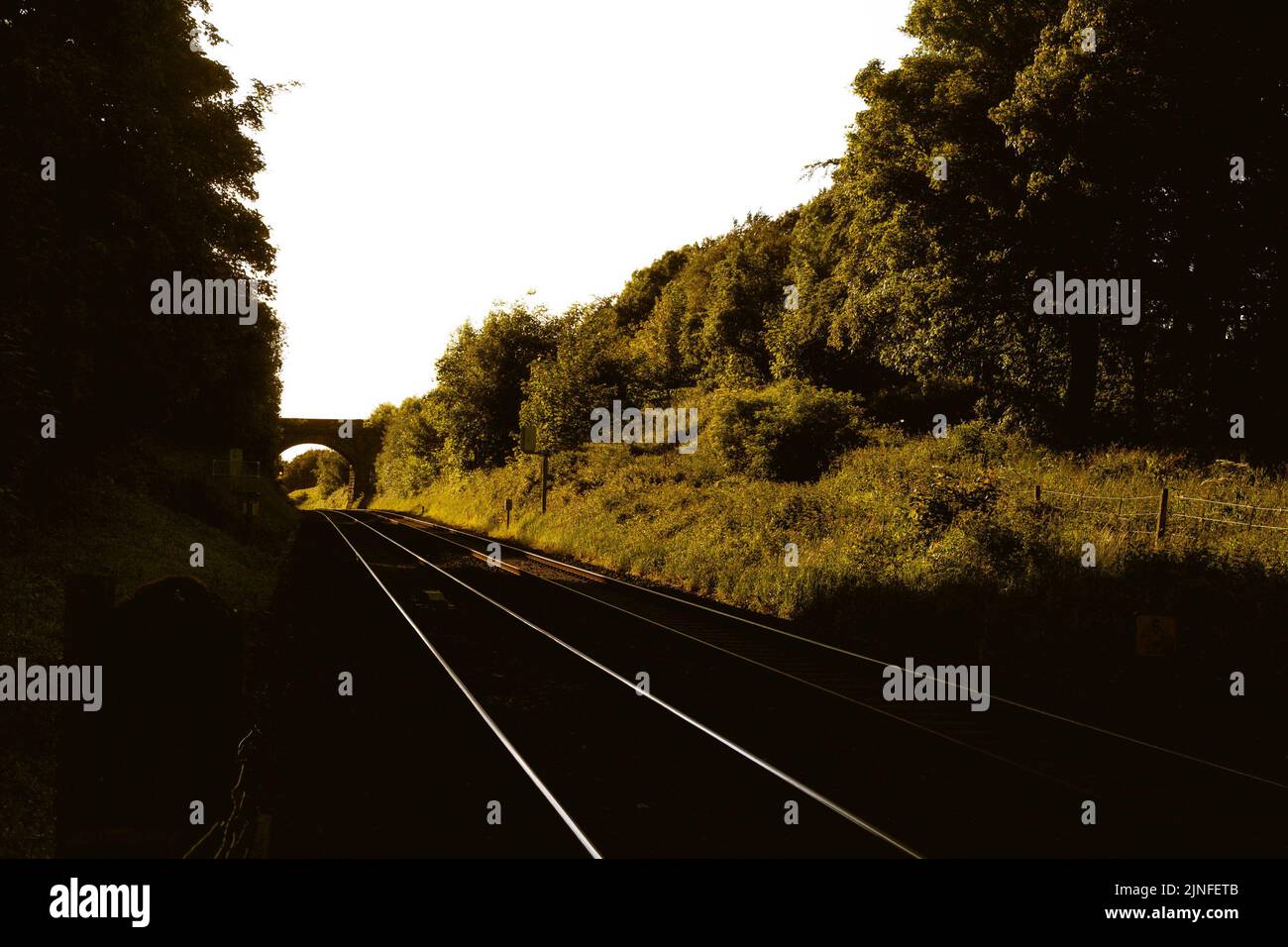 Passaggio di livello in Lancashire per pedoni. Guarda in entrambi i modi con il ponte ferroviario nella luce serale estiva Foto Stock