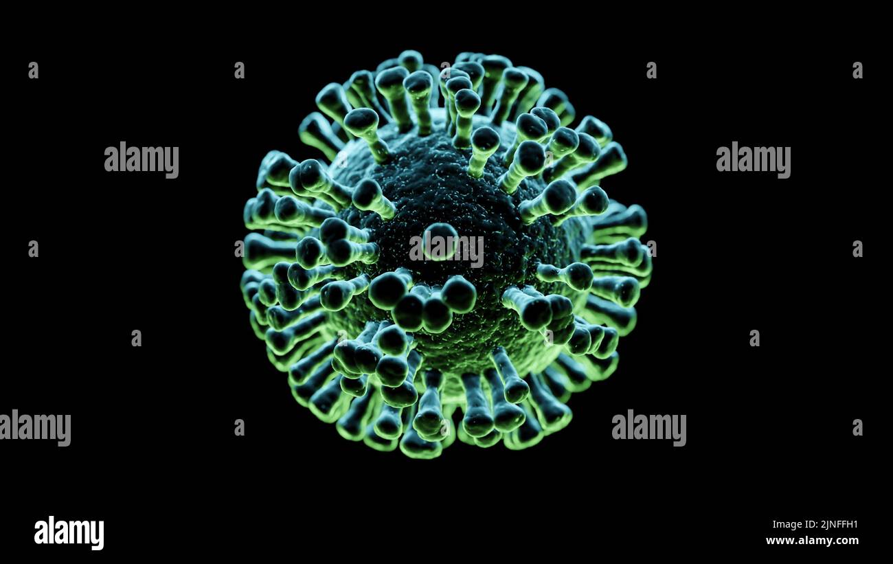 Immagine di una singola cellula di virus verde isolata e tagliata su sfondo nero Foto Stock