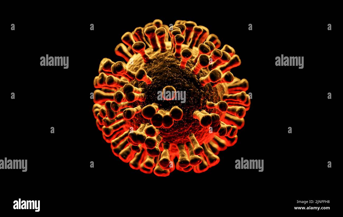 Immagine di una singola cellula di virus rosso vibrante isolata e tagliata su sfondo nero Foto Stock