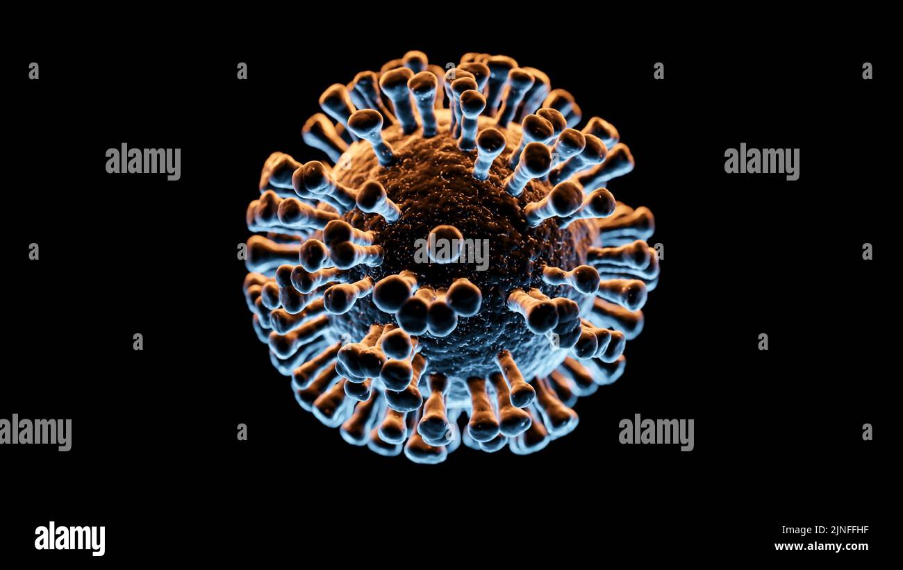 Illustrazione di una singola cellula virale isolata e ritagliata su sfondo nero Foto Stock