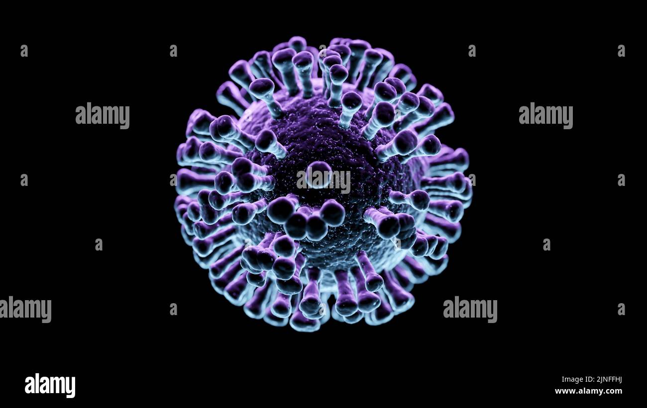 Illustrazione di una singola cellula virale viola isolata e ritagliata su sfondo nero Foto Stock