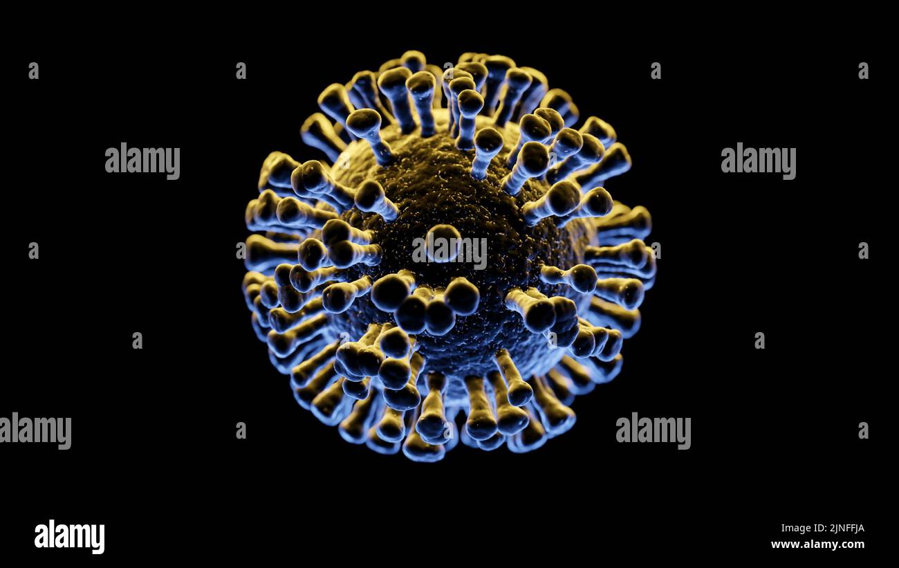 Immagine di una singola cellula virale gialla blu isolata e tagliata su sfondo nero Foto Stock