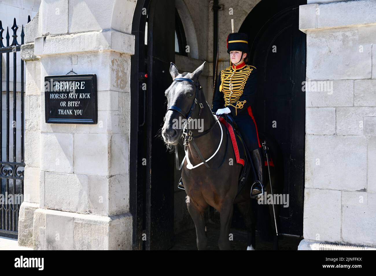 Londra, Regno Unito. 11th ago, 2022. Londra, Regno Unito. Le entrate montate della truppa del Re Horse Artillery hanno lottato con il calore quando le temperature hanno raggiunto i 33 gradi nel centro di Londra. Horse Guards Parade, Whitehall. Credit: michael melia/Alamy Live News Foto Stock